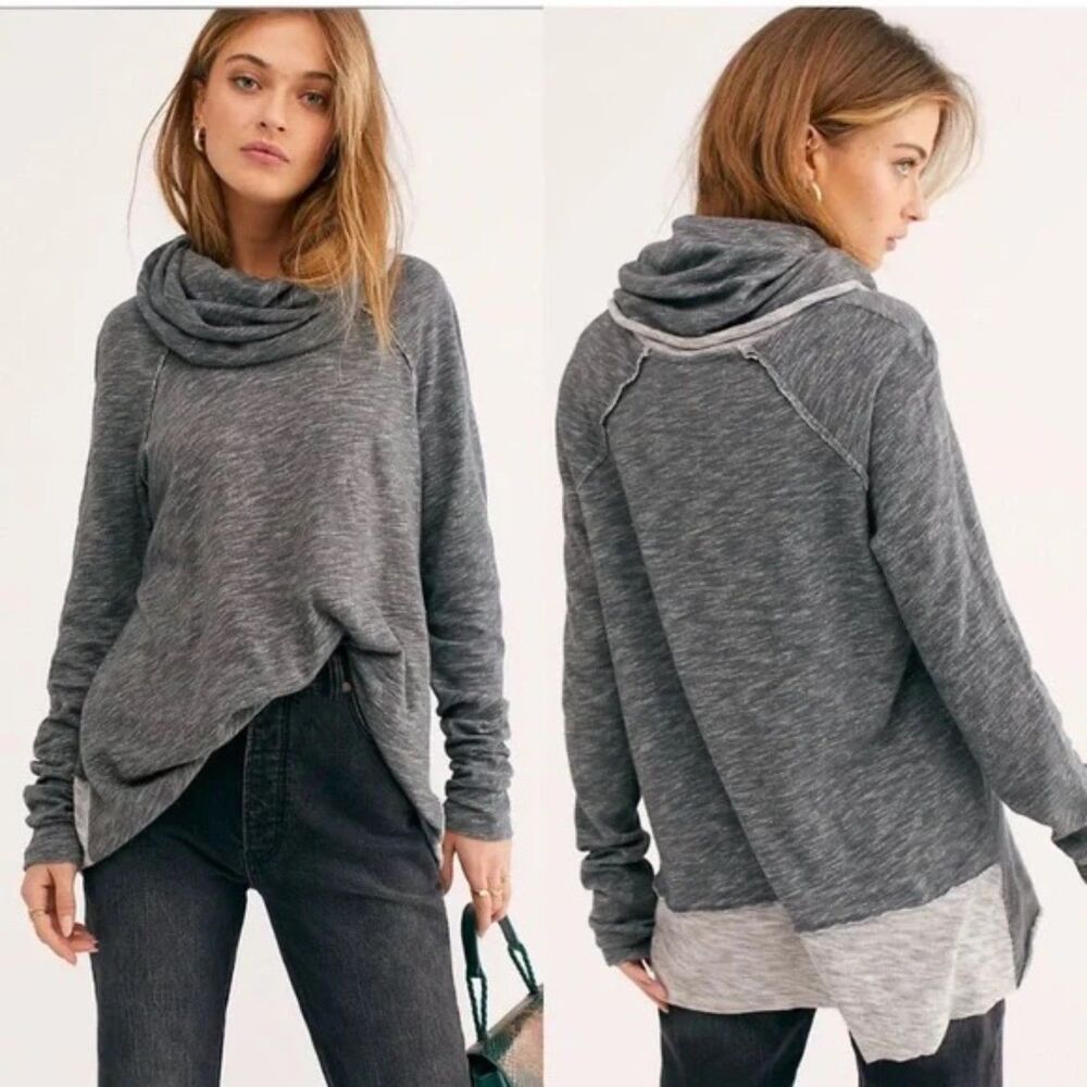 Free People 100% Cotton Gray Oversized Funnel Neck Cowl Pullover Sz XS/S NWT